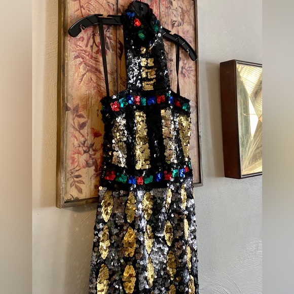 VINTAGE 70S 80S DRESS SEQUIN MINI DRESS HIGH NECK GEOMETRIC SHAPES SMALL - Picture 13 of 16